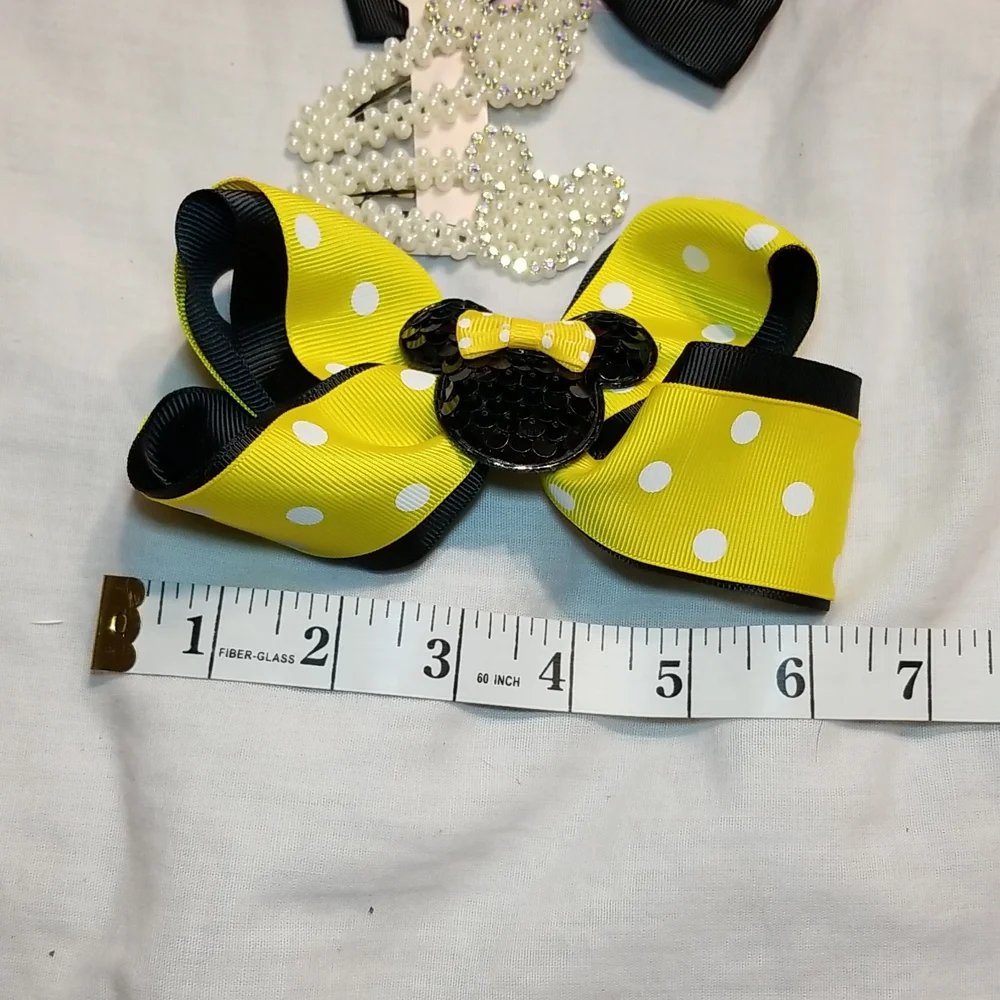 GIRLS MOUSE EARS 6' BOW WITH SEQUINS SET OF PEARL MOUSE CLIPS 4 BOWS - Picture 7 of 10